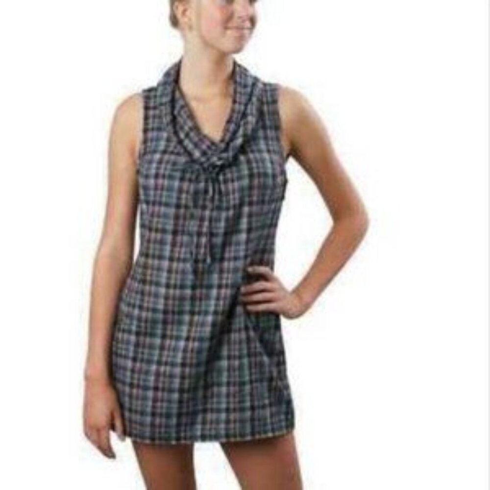 Patagonia Fortuity Flannel Mini Dress Women's Size 10 Plaid Funnel Neck Pockets